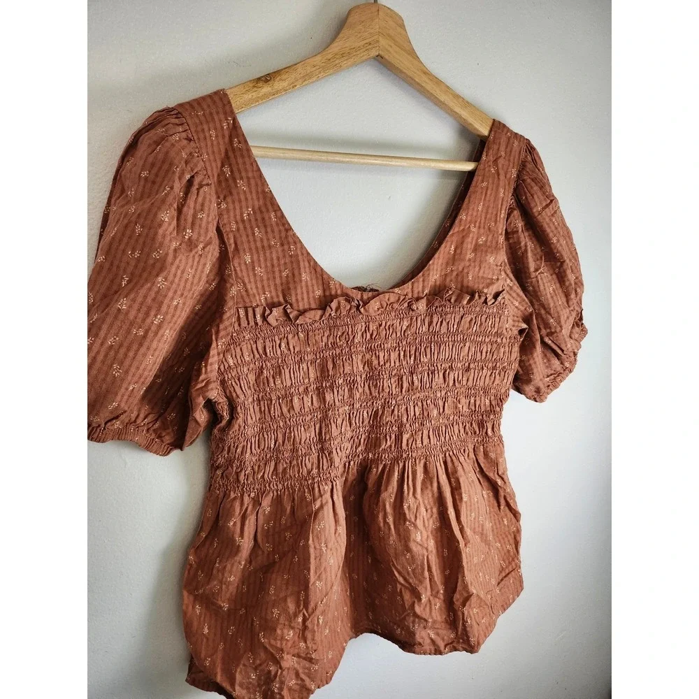 Madewell Brown‎ Smocked Puff Sleeve Peplum Top Size 6 Cottagecore Boho